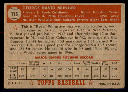 1952 Topps Baseball #115 George Munger Cardinals VG 558710