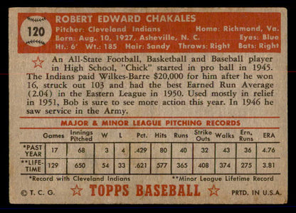 1952 Topps Baseball #120 Bob Chakales Indians VG 558712