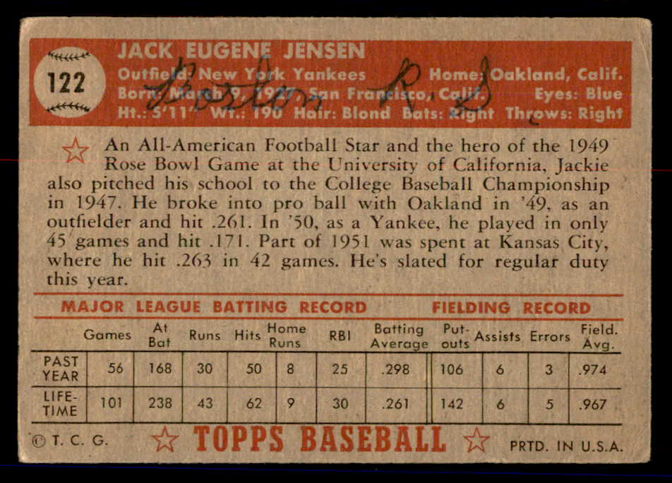 1952 Topps Baseball #122 Jackie Jensen Yankees Good ink back 558716