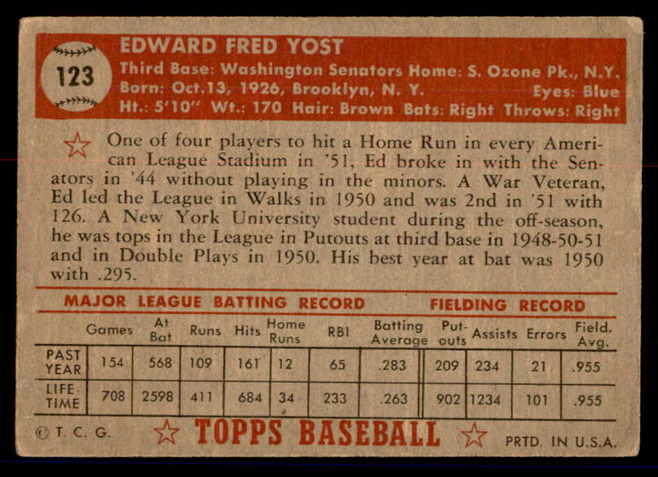 1952 Topps Baseball #123 Eddie Yost Senators VG 558719