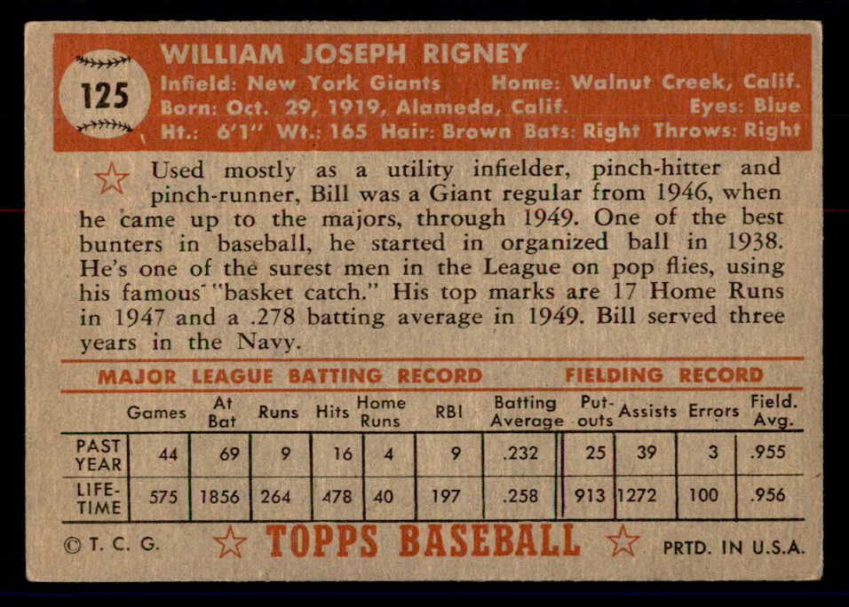1952 Topps Baseball #125 Bill Rigney Giants VG 558722