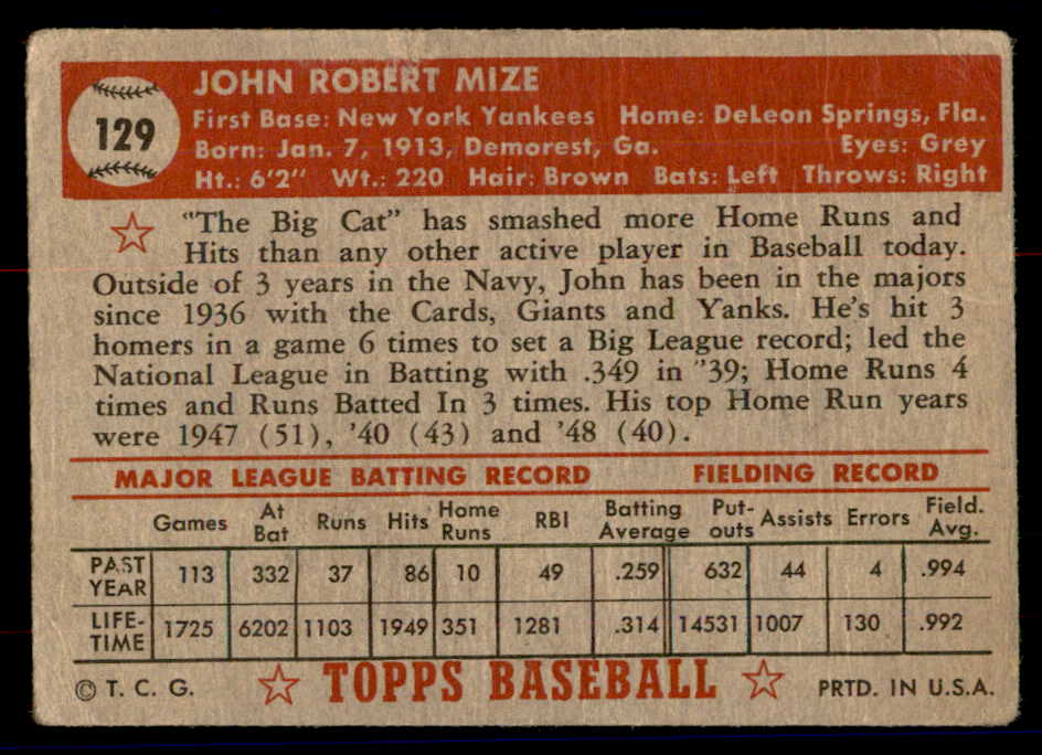 1952 Topps Baseball #129 Johnny Mize Yankees FR-GD ink front 558725