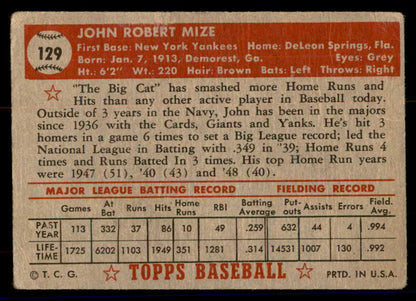 1952 Topps Baseball #129 Johnny Mize Yankees FR-GD ink front 558725