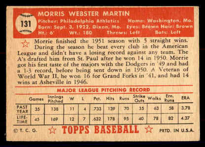 1952 Topps Baseball #131 Morrie Martin A's VG 558726