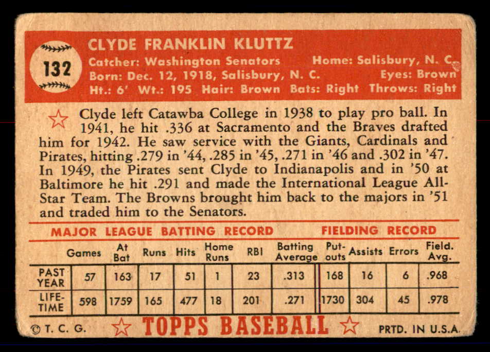 1952 Topps Baseball #132 Clyde Kluttz Senators GD-VG 558727