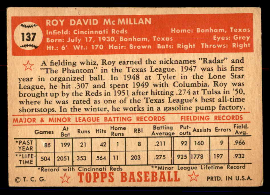 1952 Topps Baseball #137 Roy McMillan Reds VG 558734