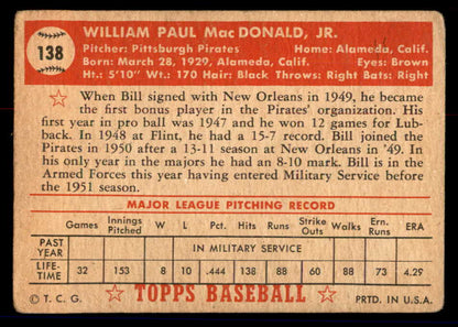 1952 Topps Baseball #138 Bill Macdonald Pirates GD-VG 558735