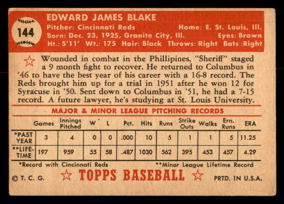 1952 Topps Baseball #144 Ed Blake Reds VG 558743