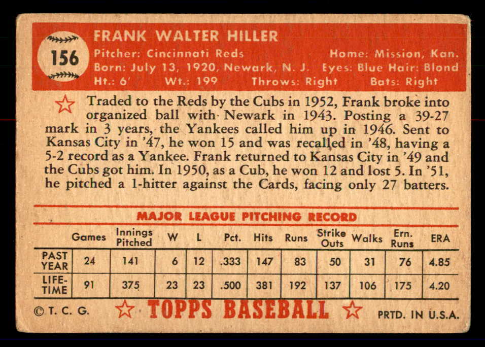 1952 Topps Baseball #156 Frank Hiller Reds GD-VG 558752
