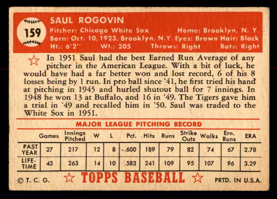 1952 Topps Baseball #159 Saul Rogovin White Sox VG-EX 558754