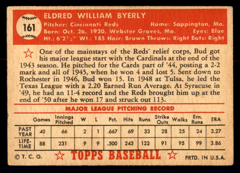 1952 Topps Baseball #161 Bud Byerly Reds GD-VG 558756