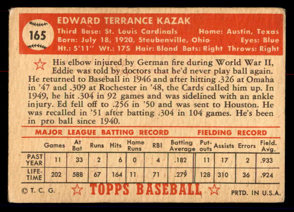 1952 Topps Baseball #165 Eddie Kazak Cardinals GD-VG 558760