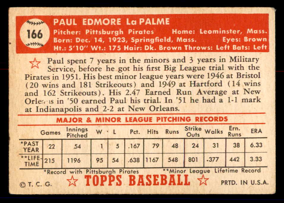 1952 Topps Baseball #166 Paul Lapalme Pirates VG-EX 558761