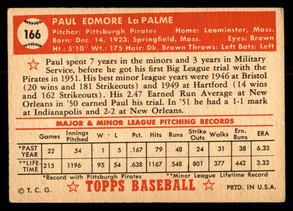1952 Topps Baseball #166 Paul Lapalme Pirates VG-EX 558762