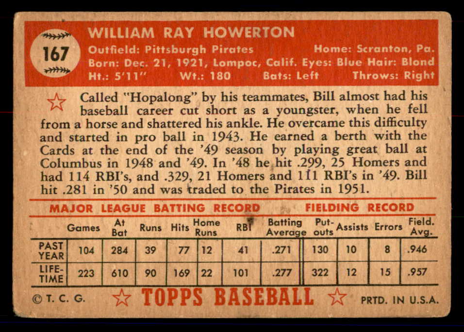 1952 Topps Baseball #167 Bill Howerton Pirates VG 558764