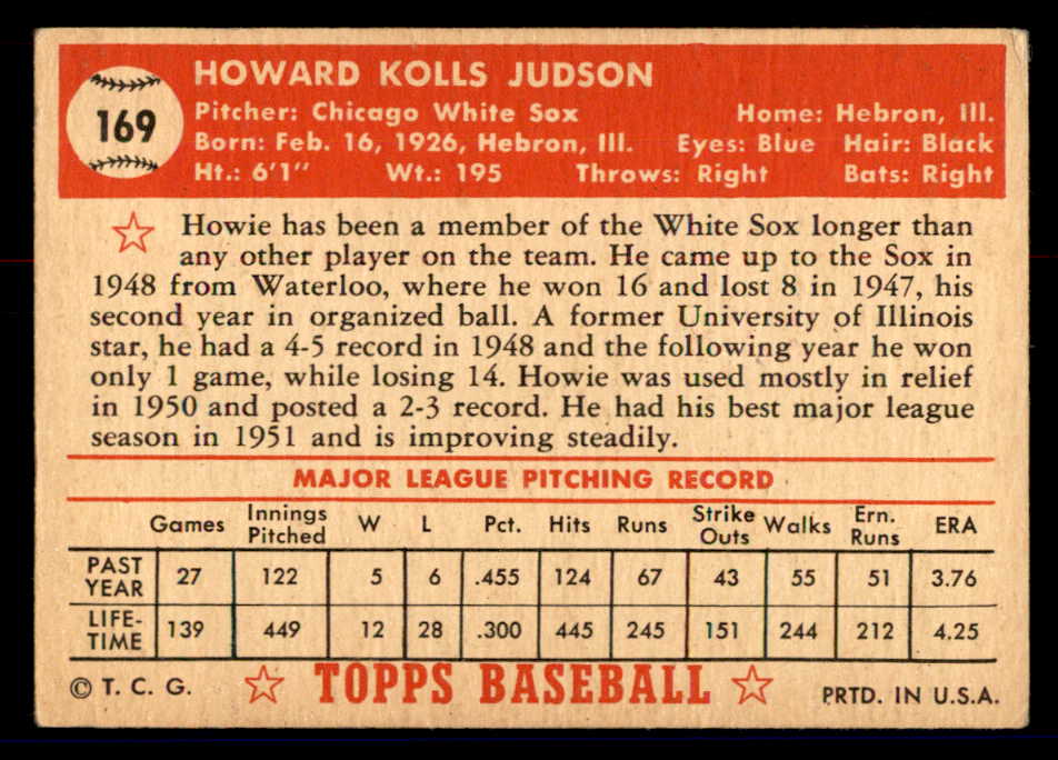 1952 Topps Baseball #169 Howie Judson White Sox VG 558767