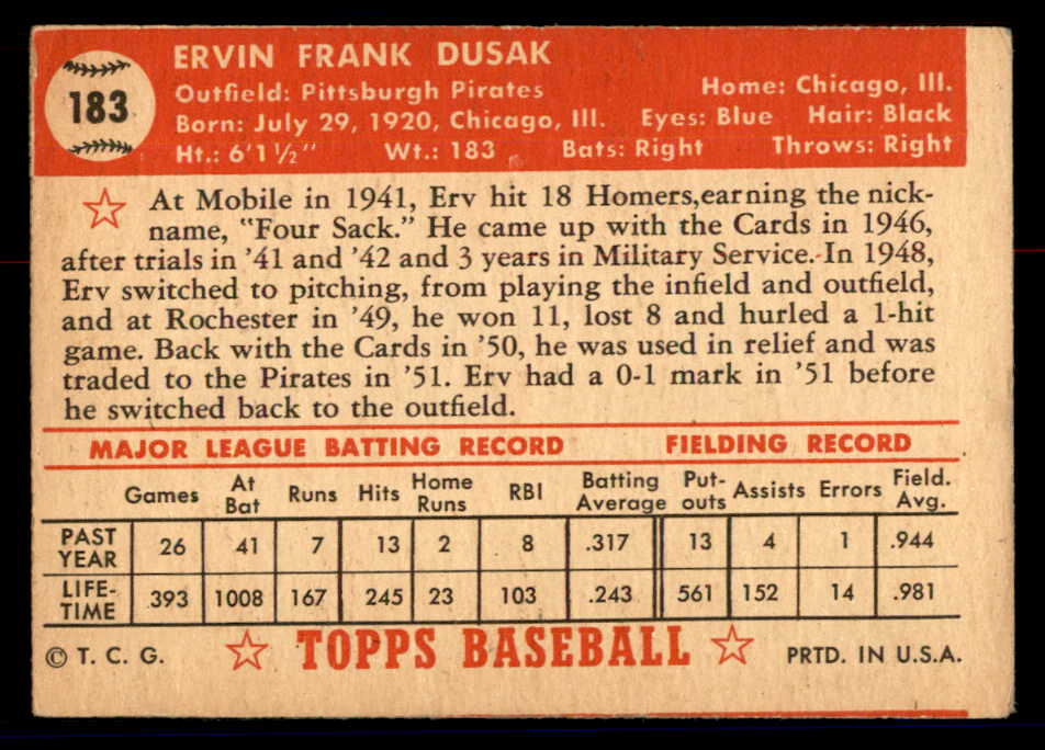 1952 Topps Baseball #183 Erv Dusak Pirates GD-VG 558771