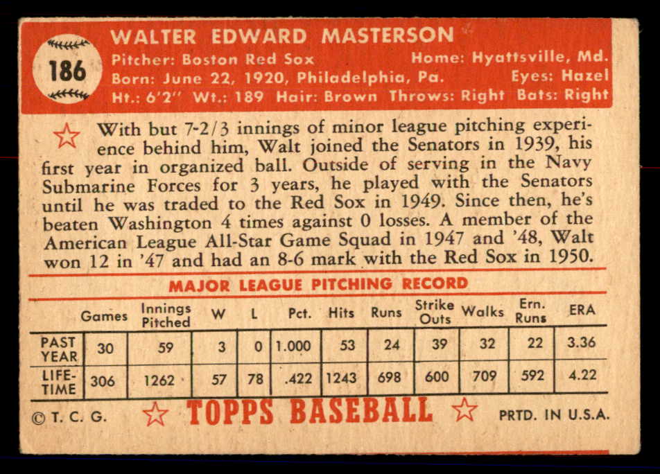1952 Topps Baseball #186 Walt Masterson Red Sox VG-EX 558775