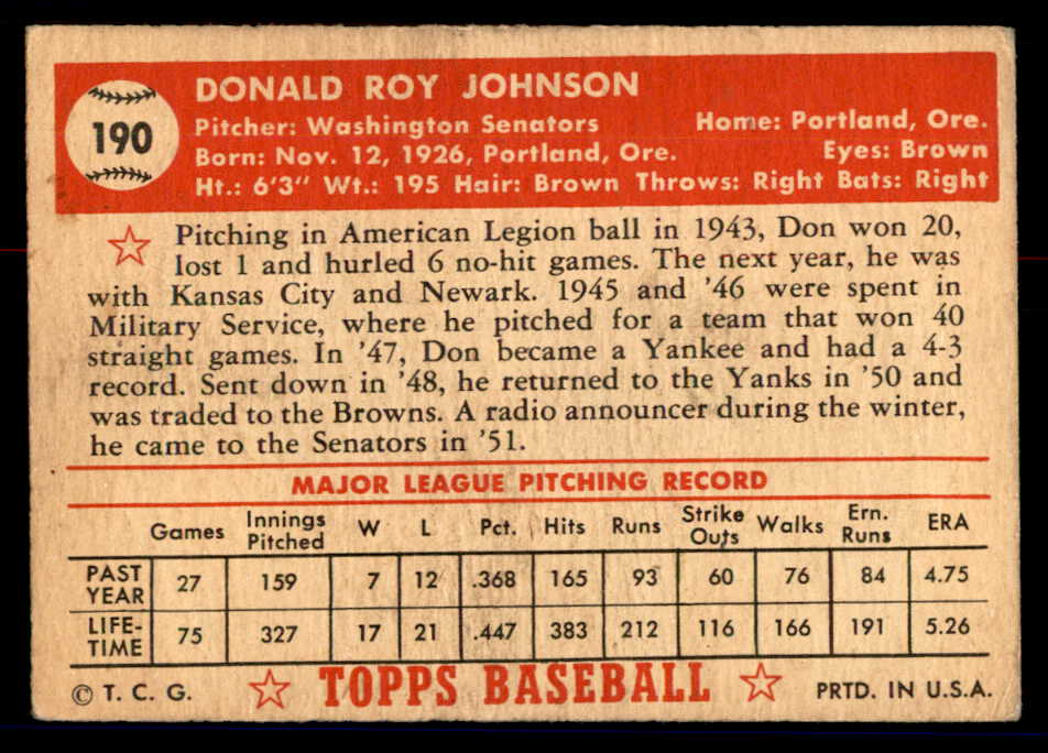 1952 Topps Baseball #190 Don Johnson Senators VG-EX 558777