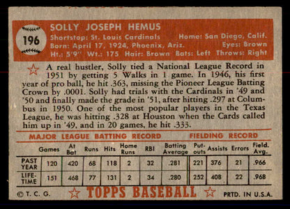 1952 Topps Baseball #196 Solly Hemus Cardinals VG 558783