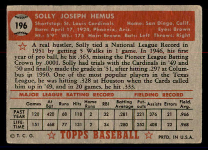 1952 Topps Baseball #196 Solly Hemus Cardinals GD-VG 558784