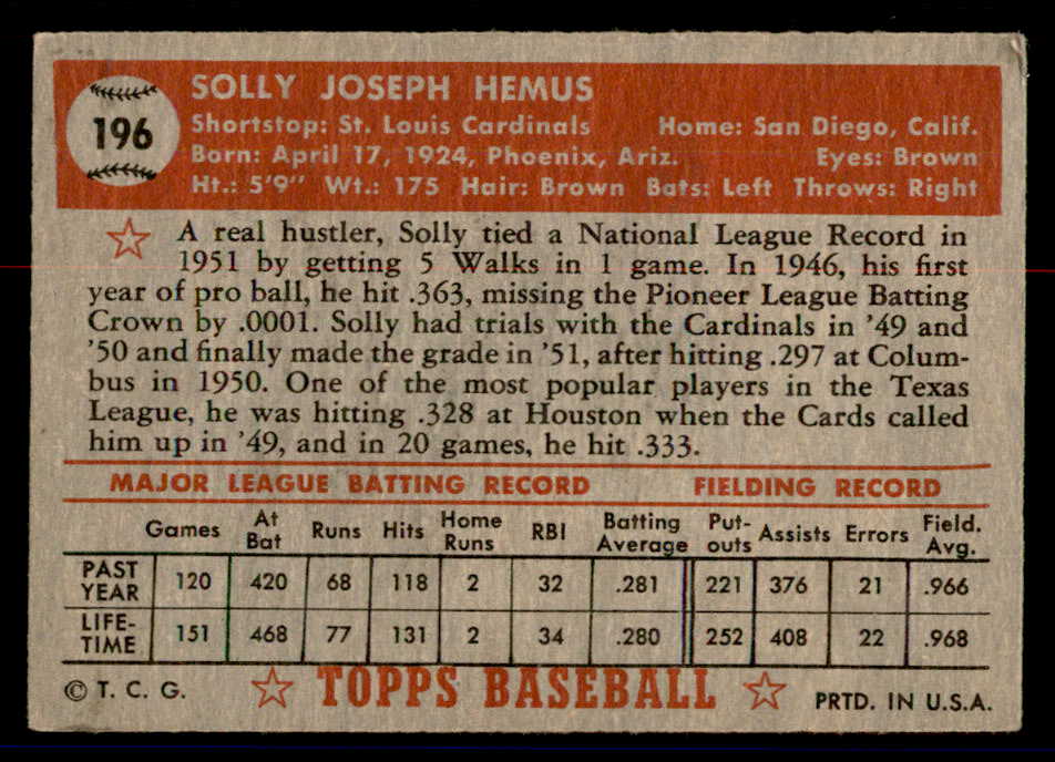 1952 Topps Baseball #196 Solly Hemus Cardinals VG-EX 558785