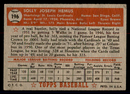 1952 Topps Baseball #196 Solly Hemus Cardinals VG-EX 558785