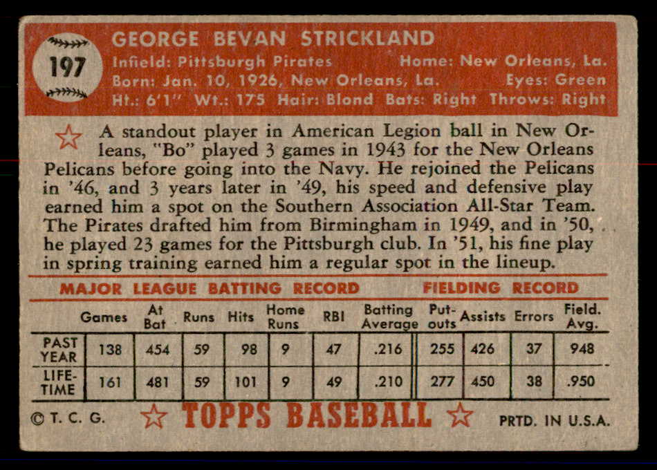 1952 Topps Baseball #197 George Strickland Pirates VG 558787