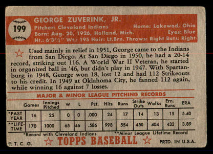 1952 Topps Baseball #199 George Zuverink Indians VG 558791