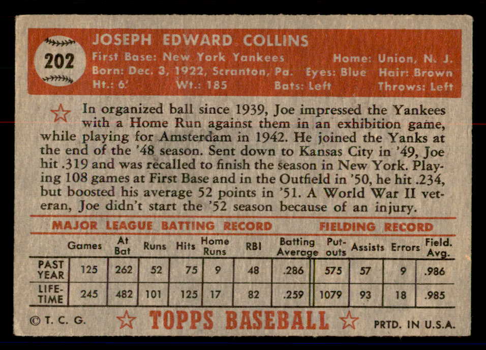 1952 Topps Baseball #202 Joe Collins Yankees GD-VG 558792