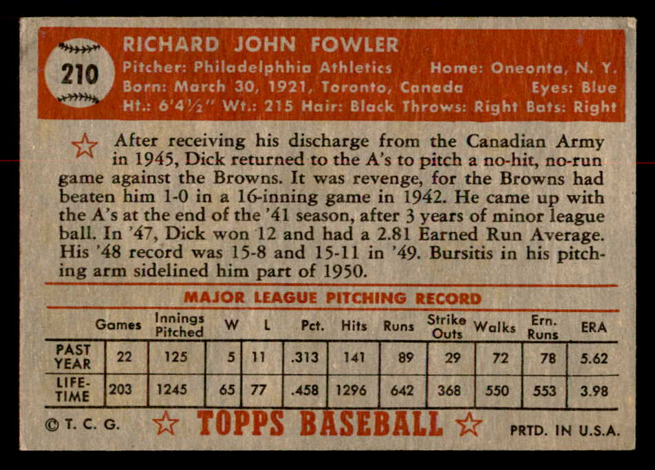 1952 Topps Baseball #210 Dick Fowler A's GD-VG 558801