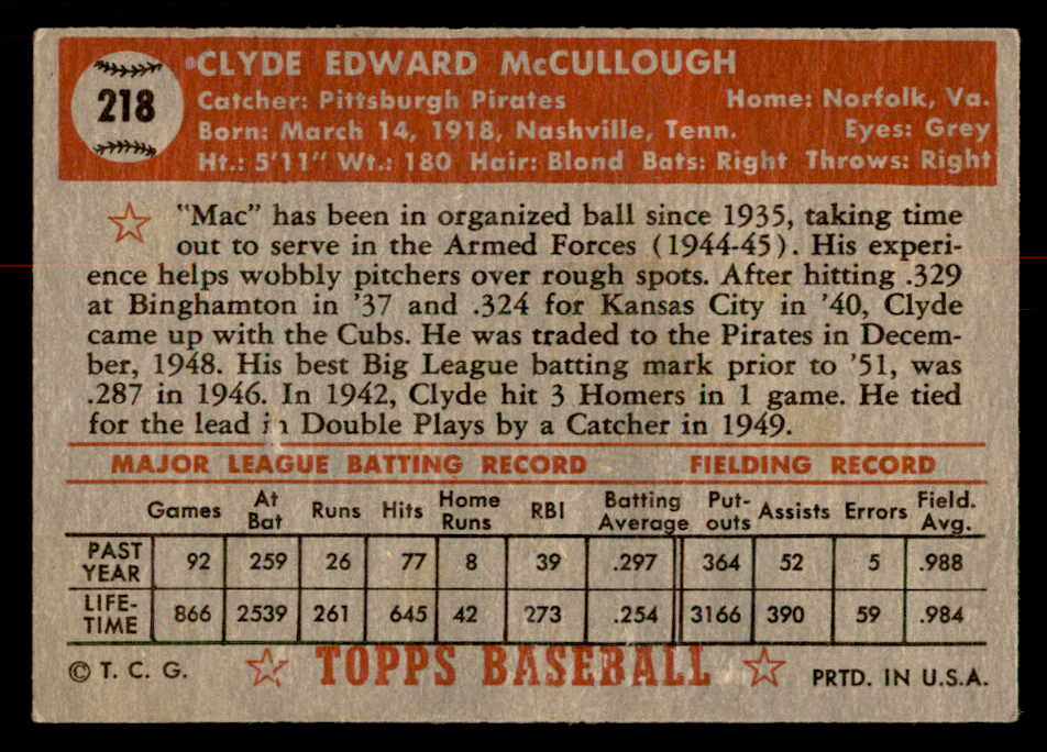 1952 Topps Baseball #218 Clyde Mccullough Pirates GD-VG 558812