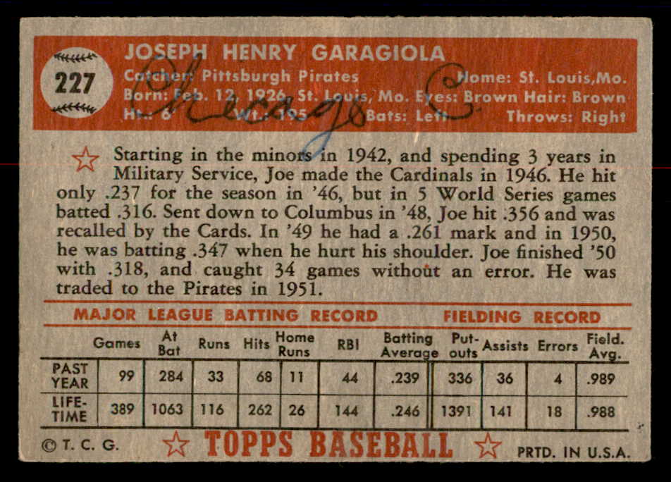 1952 Topps Baseball #227 Joe Garagiola Pirates Good ink back 558821
