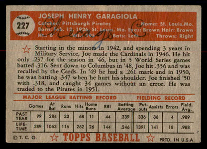 1952 Topps Baseball #227 Joe Garagiola Pirates Good ink back 558821