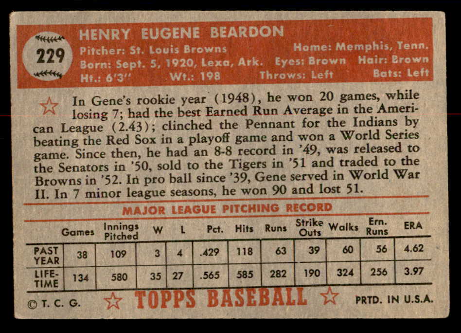 1952 Topps Baseball #229 Gene Bearden Browns VG-EX 558826