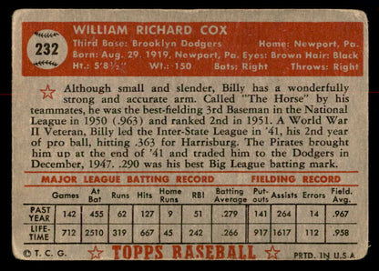 1952 Topps Baseball #232 Billy Cox Dodgers GD-VG 558829