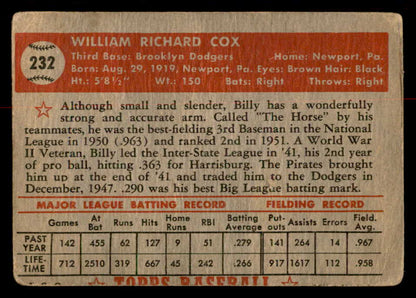 1952 Topps Baseball #232 Billy Cox Dodgers Good 558830