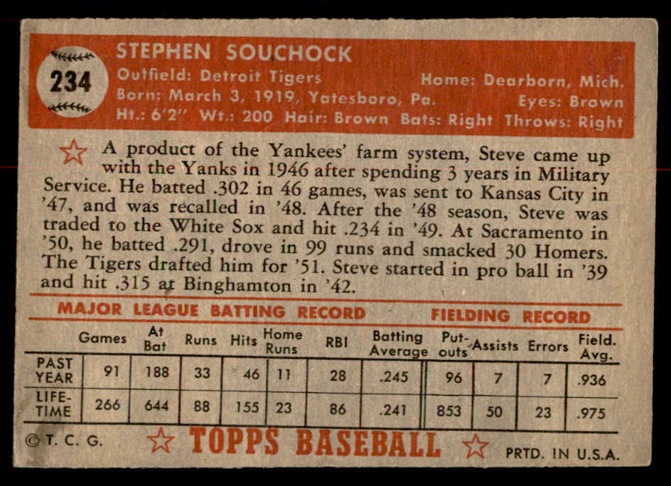 1952 Topps Baseball #234 Steve Souchock Tigers VG 558833