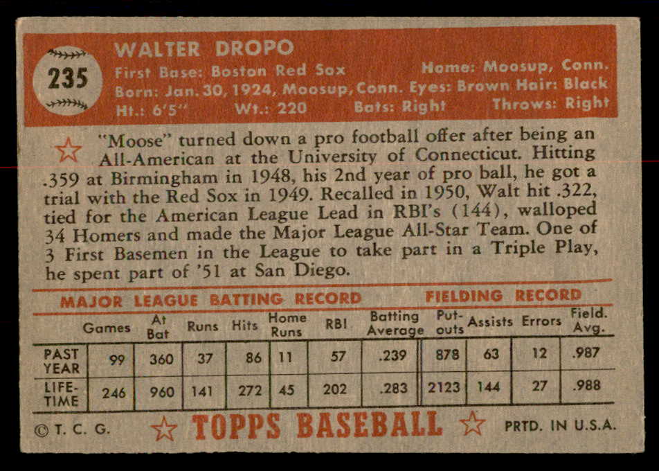 1952 Topps Baseball #235 Walt Dropo Red Sox VG 558834