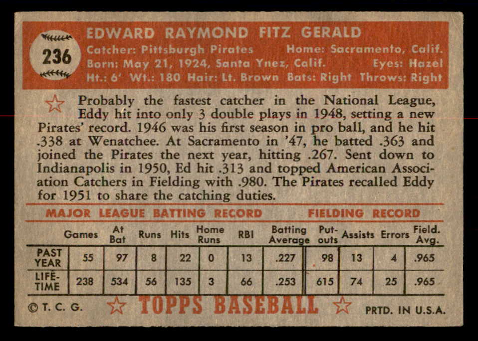 1952 Topps Baseball #236 Ed Fitzgerald Pirates VG 558835