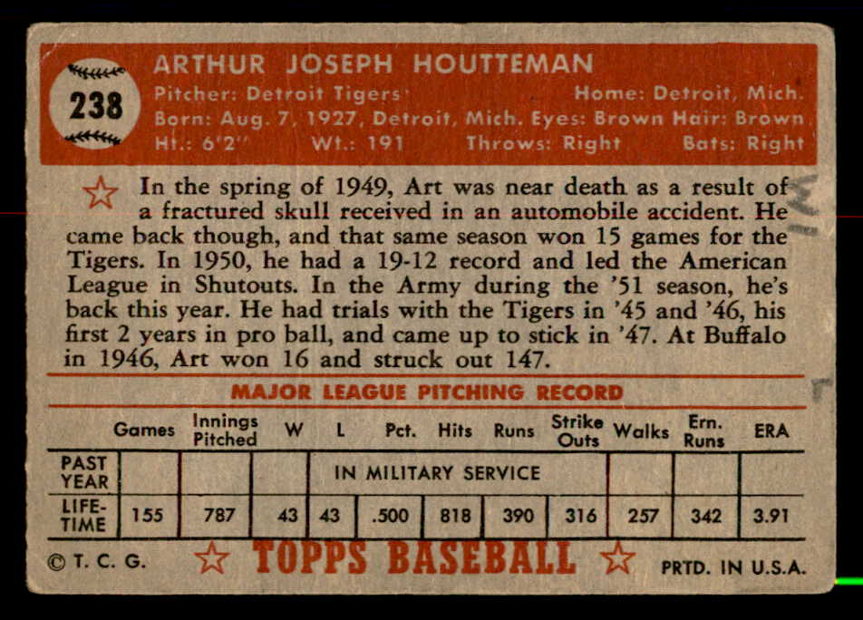 1952 Topps Baseball #238 Art Houtteman Tigers VG-EX 558838
