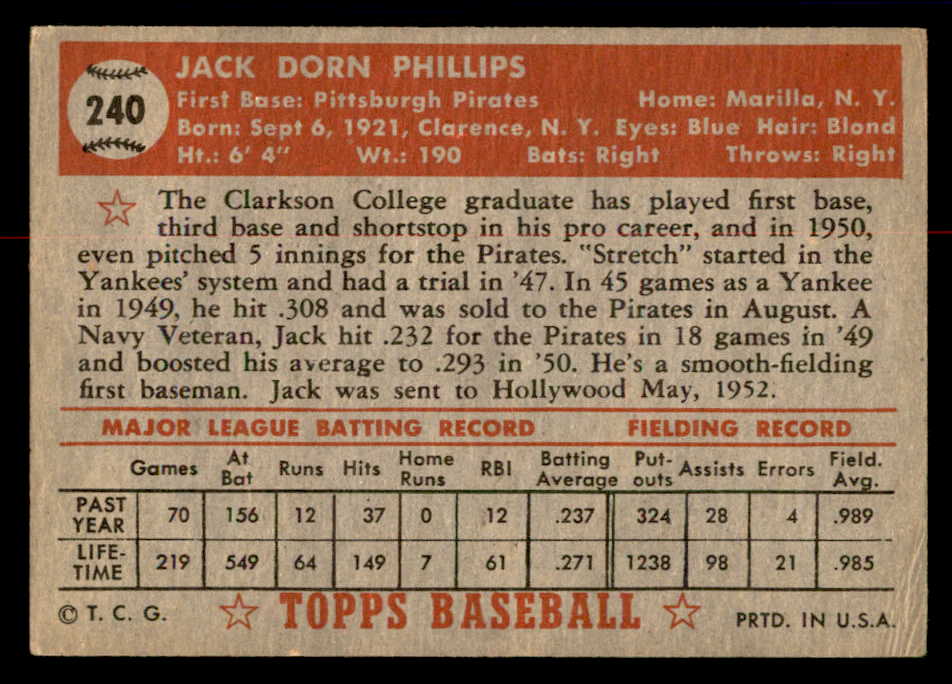 1952 Topps Baseball #240 Jack Phillips Pirates VG 558840
