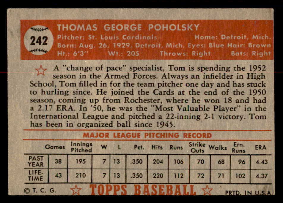 1952 Topps Baseball #242 Tom Poholsky Cardinals VG 558844