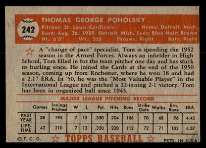 1952 Topps Baseball #242 Tom Poholsky Cardinals VG 558844