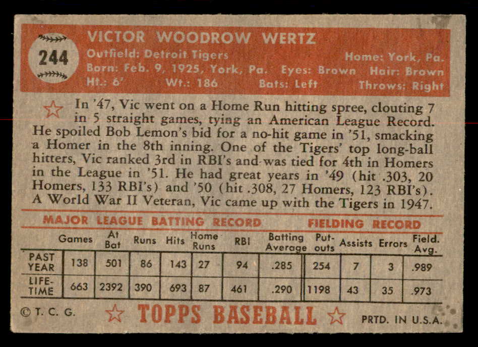 1952 Topps Baseball #244 Vic Wertz Tigers VG 558847