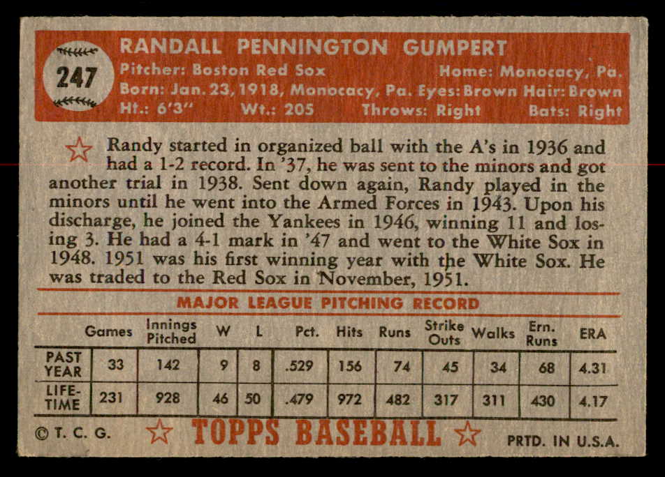 1952 Topps Baseball #247 Randy Gumpert Red Sox VG-EX 558849