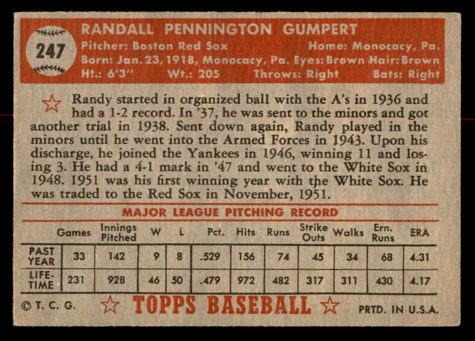 1952 Topps Baseball #247 Randy Gumpert Red Sox VG-EX 558850
