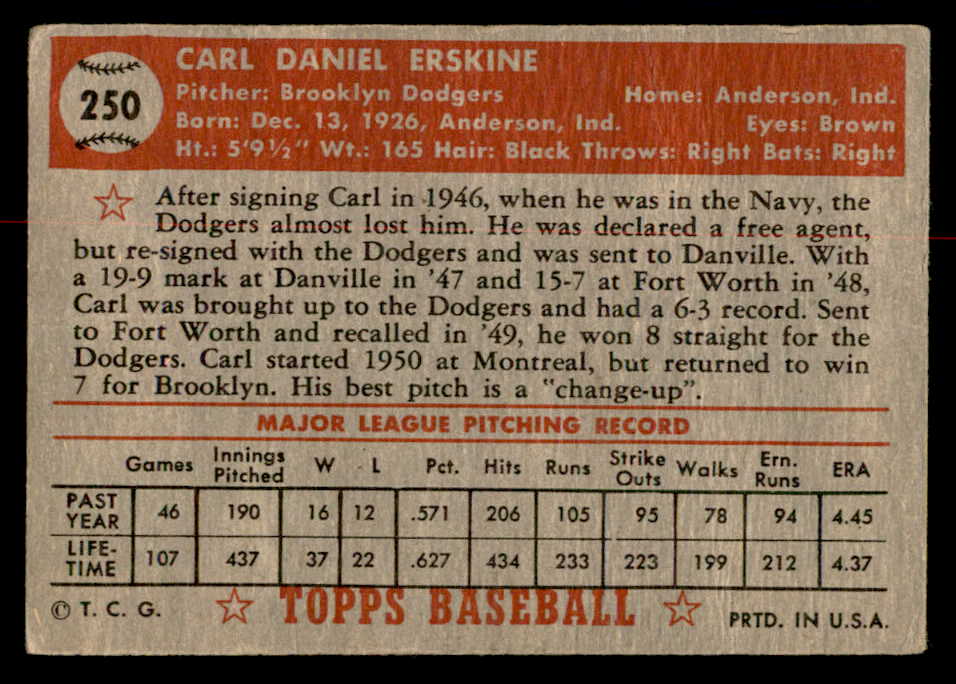 1952 Topps Baseball #250 Carl Erskine Dodgers Good 558853