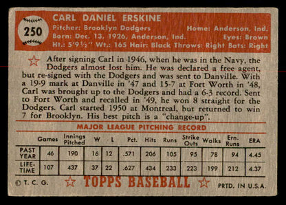 1952 Topps Baseball #250 Carl Erskine Dodgers Good 558853