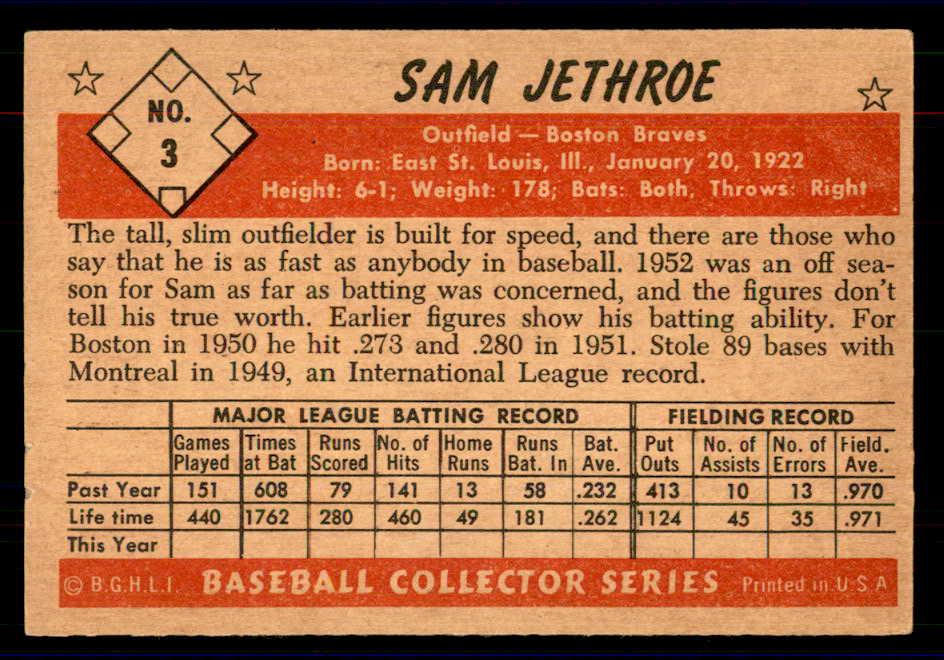 1953 Bowman Color Baseball #003 Sam Jethroe Braves EX-MT 558875